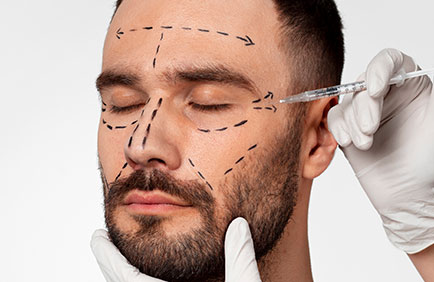 Um homem está com o rosto todo marcado com risco de lápis que a Dra. Gladys Mattei fez para iniciar o preenchimento facial