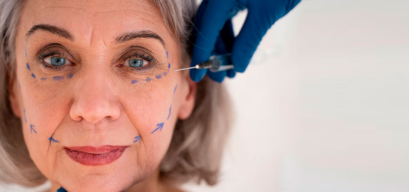 Senhora loira, de olhos azuis, faz preenchimento facial